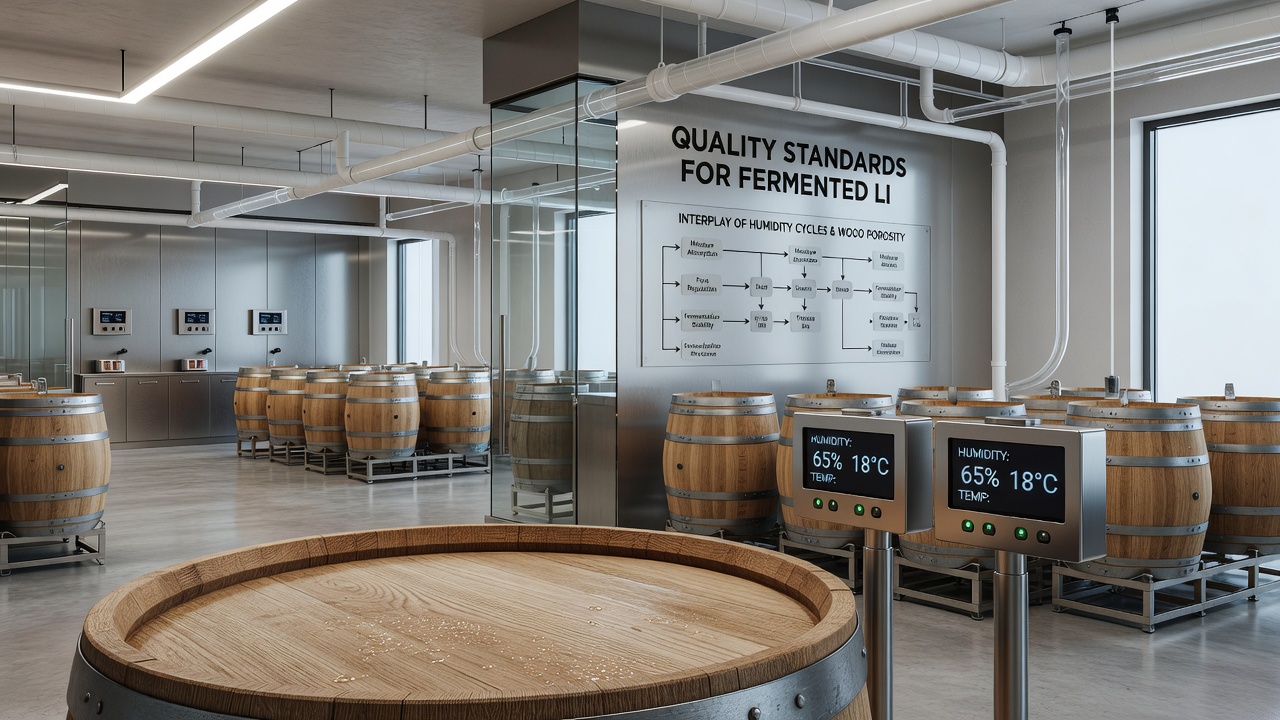 Technical display of humidity sensors on wooden barrels at an industry conference